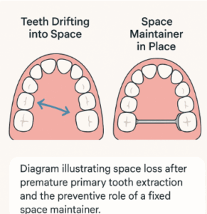 Diagram illustrating space loss after premature primary tooth extraction and the preventive role of a fixed space maintainer.